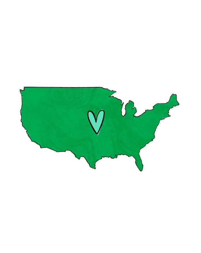 Outline of the United States with a green heart